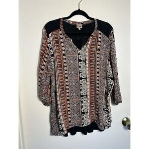 Como Vintage Top Women XL Blue Paisley Floral V-Neck 3/4 Sleeve Tunic Blouse